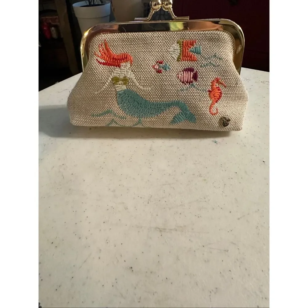 NWOT Spartina 449 Women's Beige Canvas Cordelia Under the Sea Mermaid Coin Purse